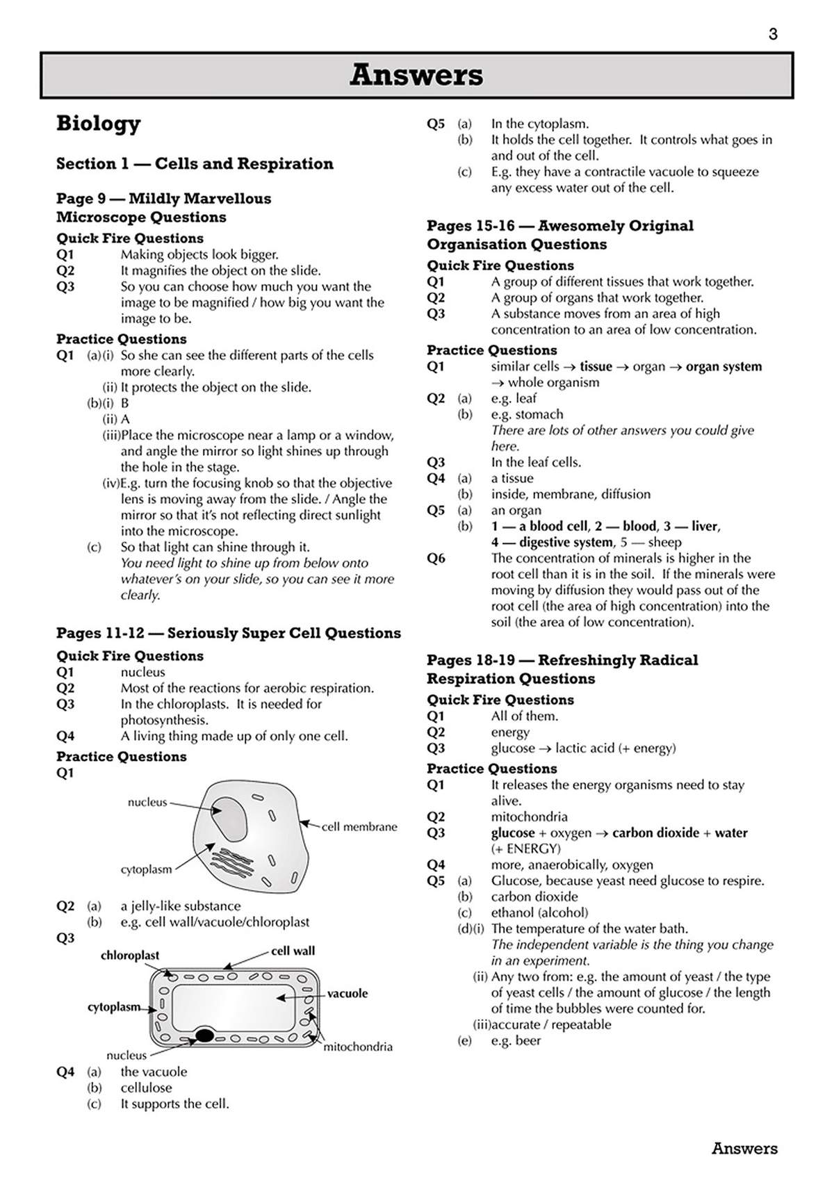 Full answers to biology questions on cells and respiration, including diagrams of plant and animal cells