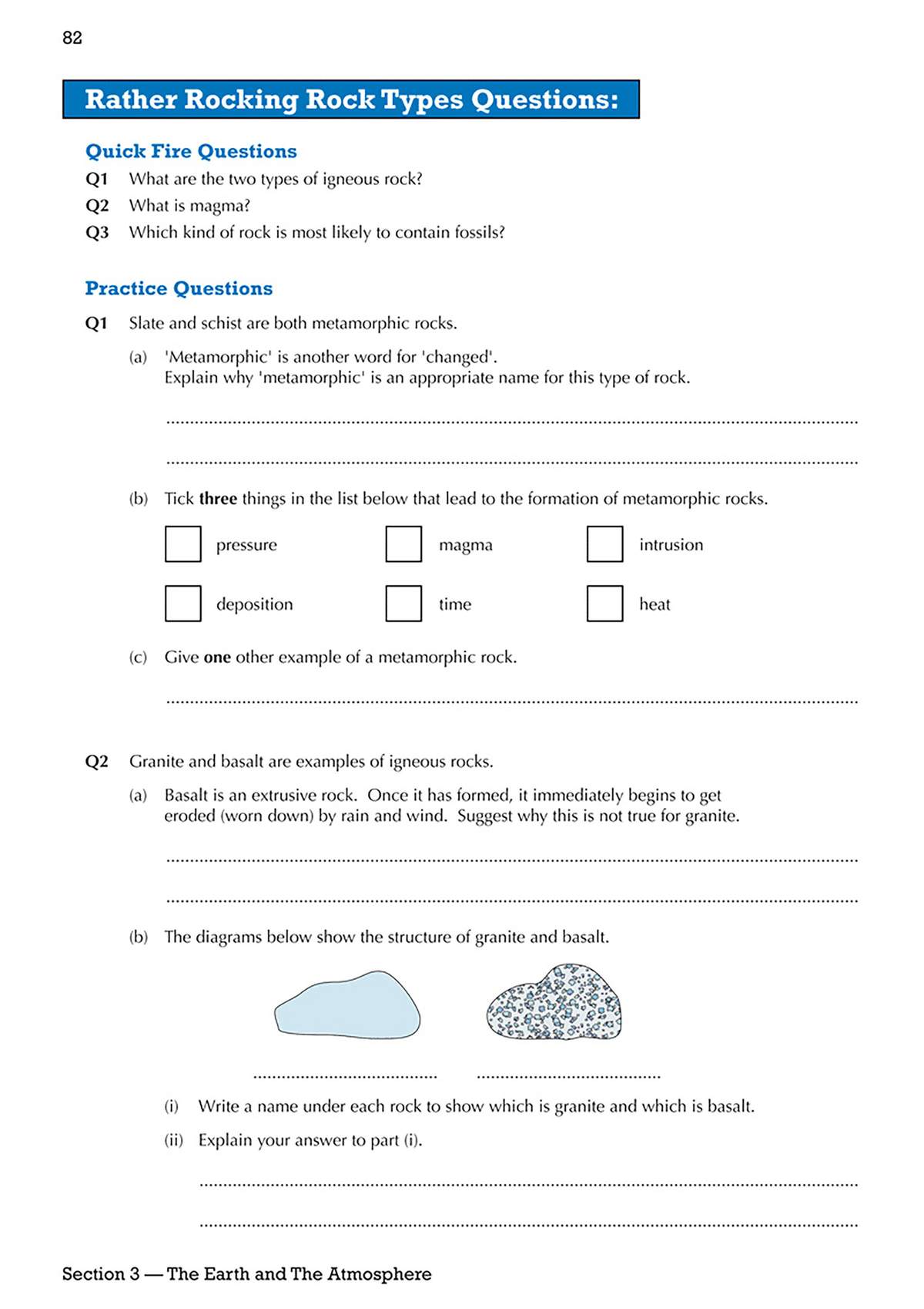 Quick fire and practice questions on igneous and metamorphic rocks, including tick boxes and diagram labelling