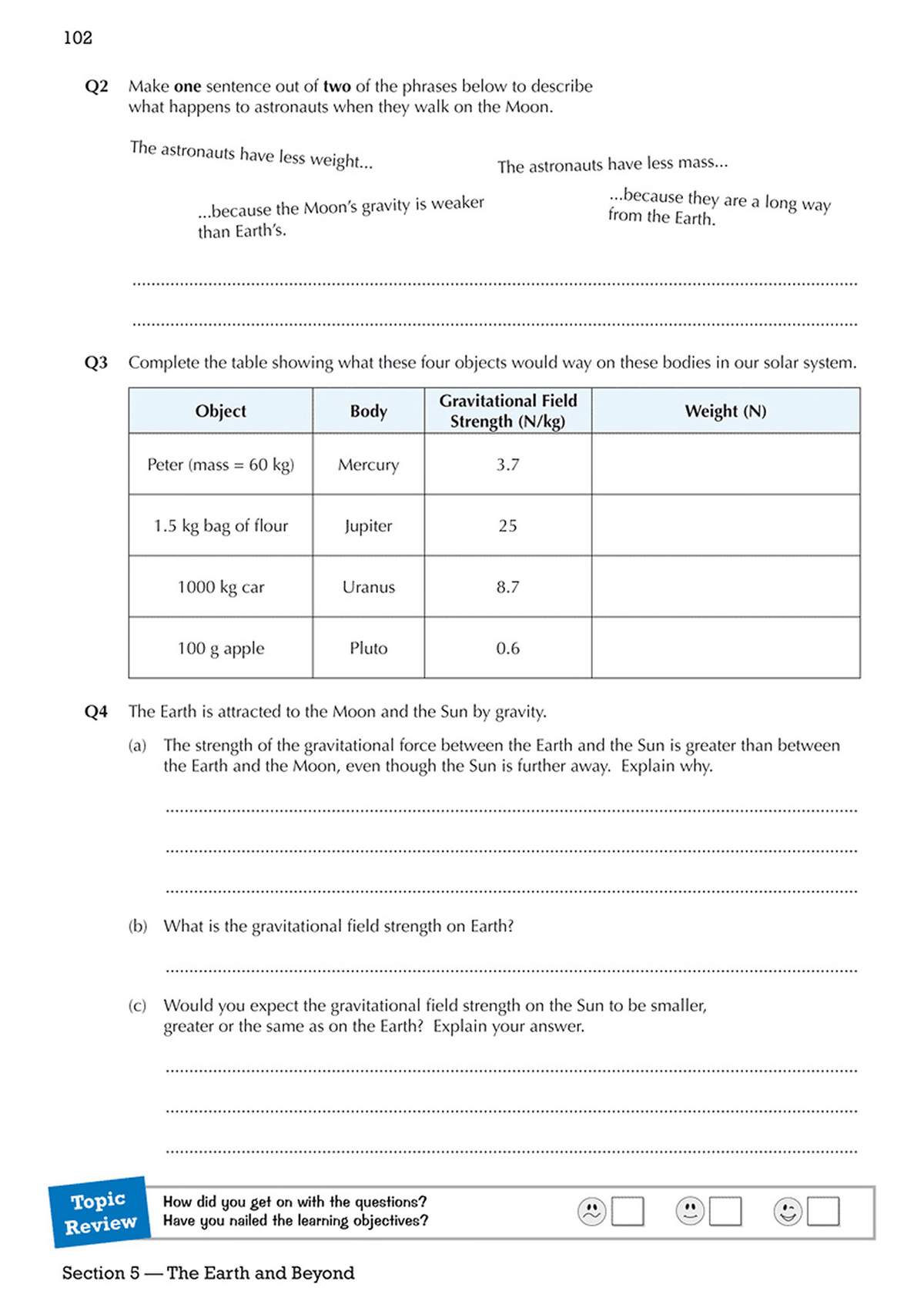 Students complete a table calculating weight on different planets and answer short questions explaining gravitational forces