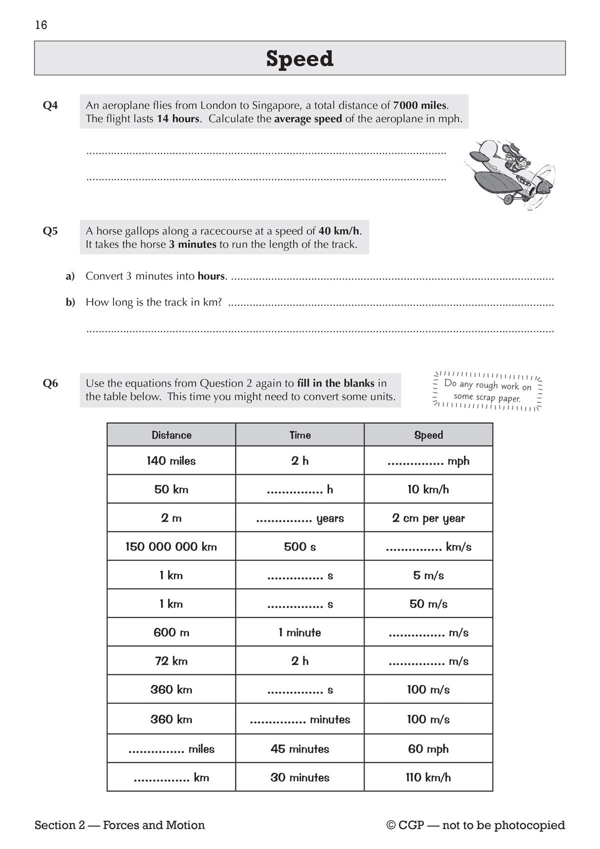 Three questions on calculating speed, including a table requiring unit conversions and filling in missing values
