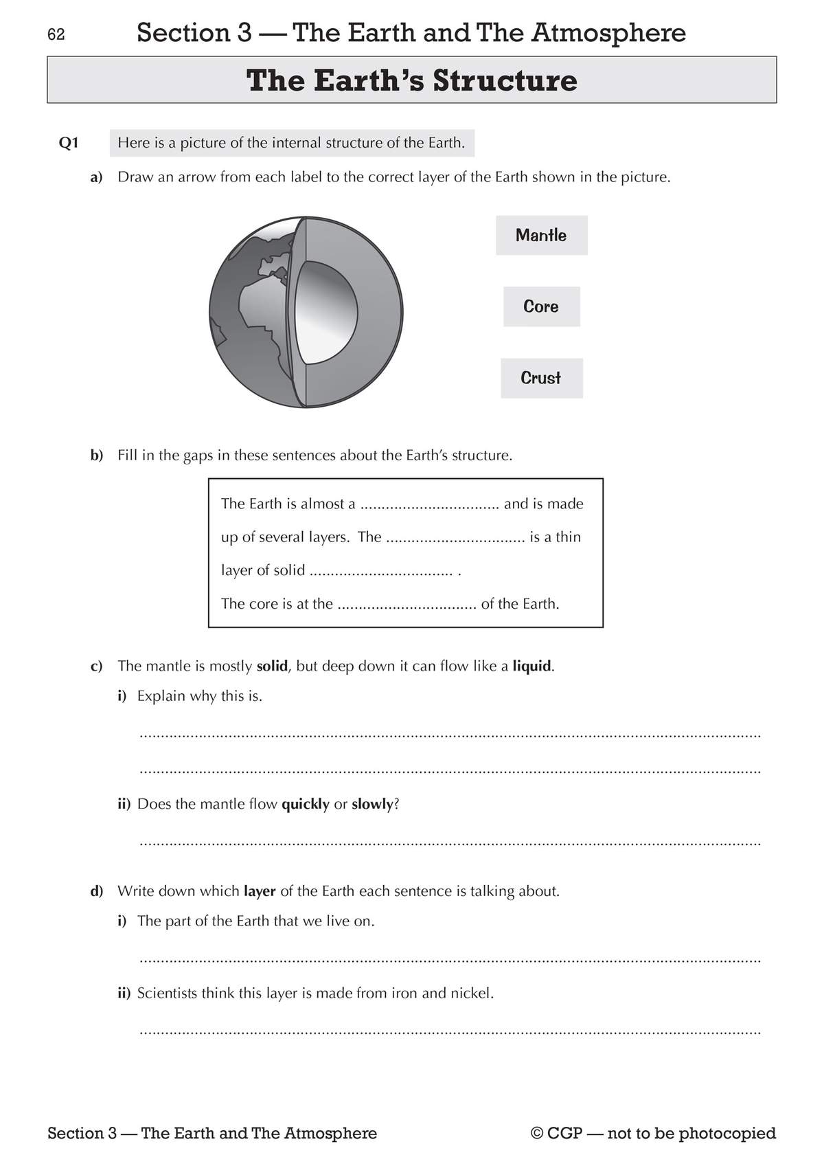 A page on the Earth's structure with a diagram to label, sentences to complete, and short written answers