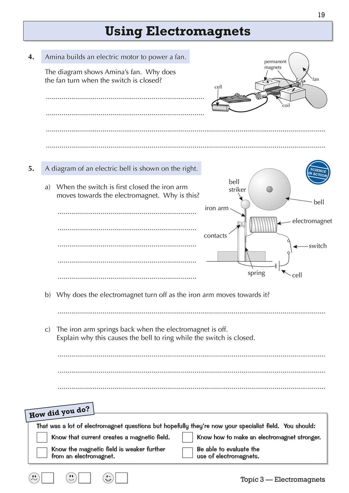 Two questions on electric motors and bells, with diagrams to label and dotted lines for written answers