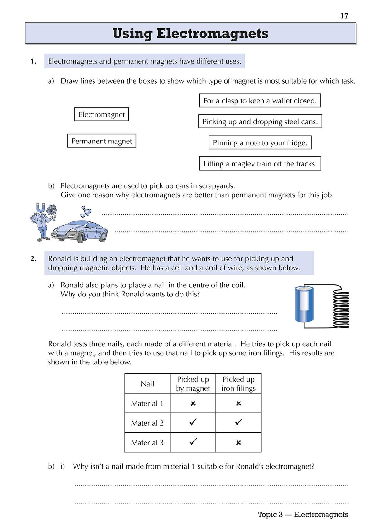 Pupils match magnet types to tasks, explain why electromagnets are better for scrapyards