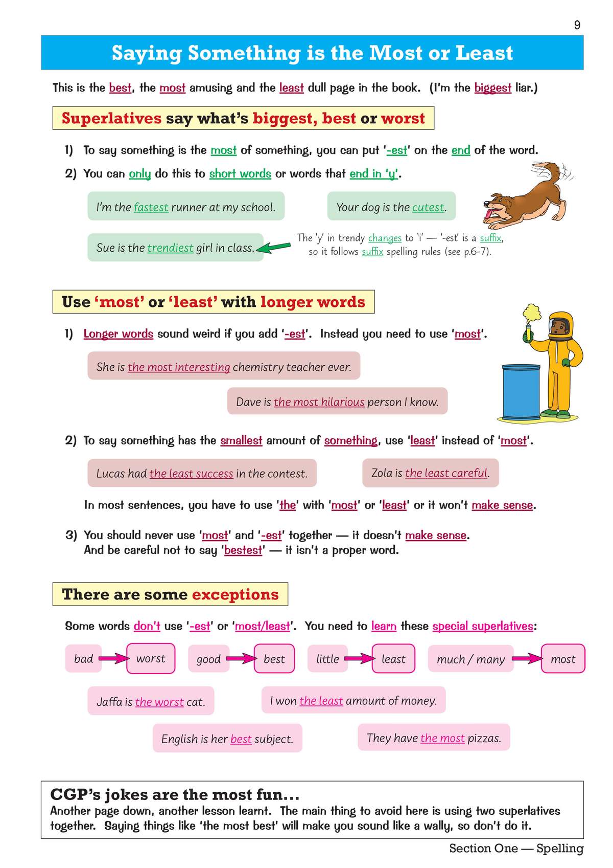 Clear rules for forming superlatives with short and long words, plus a list of exceptions like 'best' and 'worst'