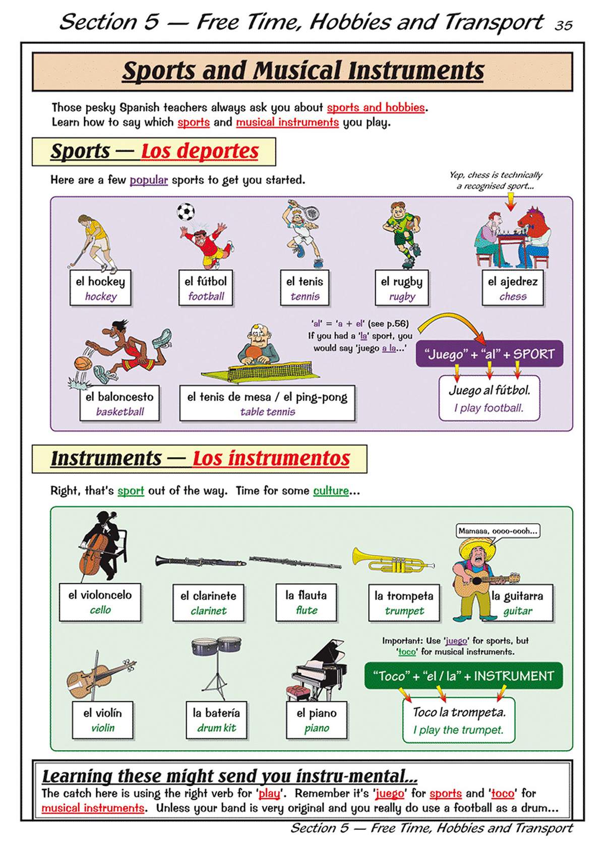A colourful page teaching Spanish words for sports and musical instruments with cartoon illustrations and grammar rules
