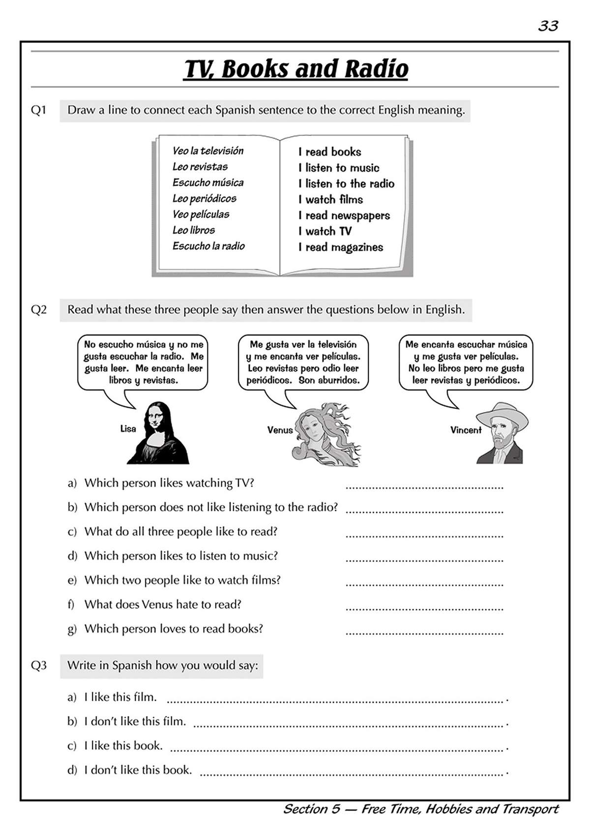 Pupils match Spanish phrases to English, answer comprehension questions about three characters