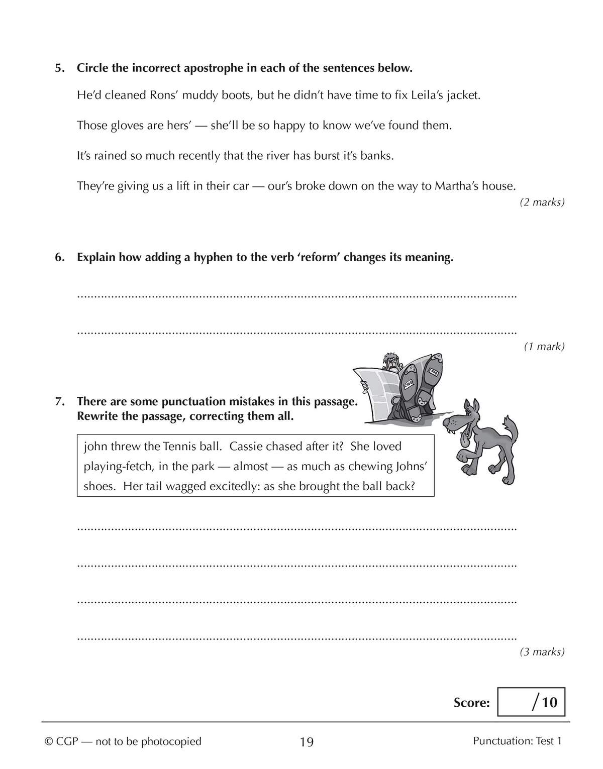 Three questions on punctuation, including circling errors, explaining hyphens, and rewriting a passage with mistakes