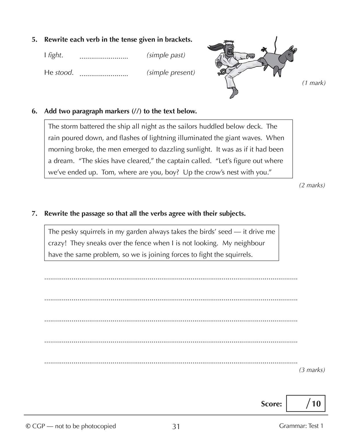 Three grammar questions on verb tenses and paragraphing, including a short story to edit and a cartoon illustration