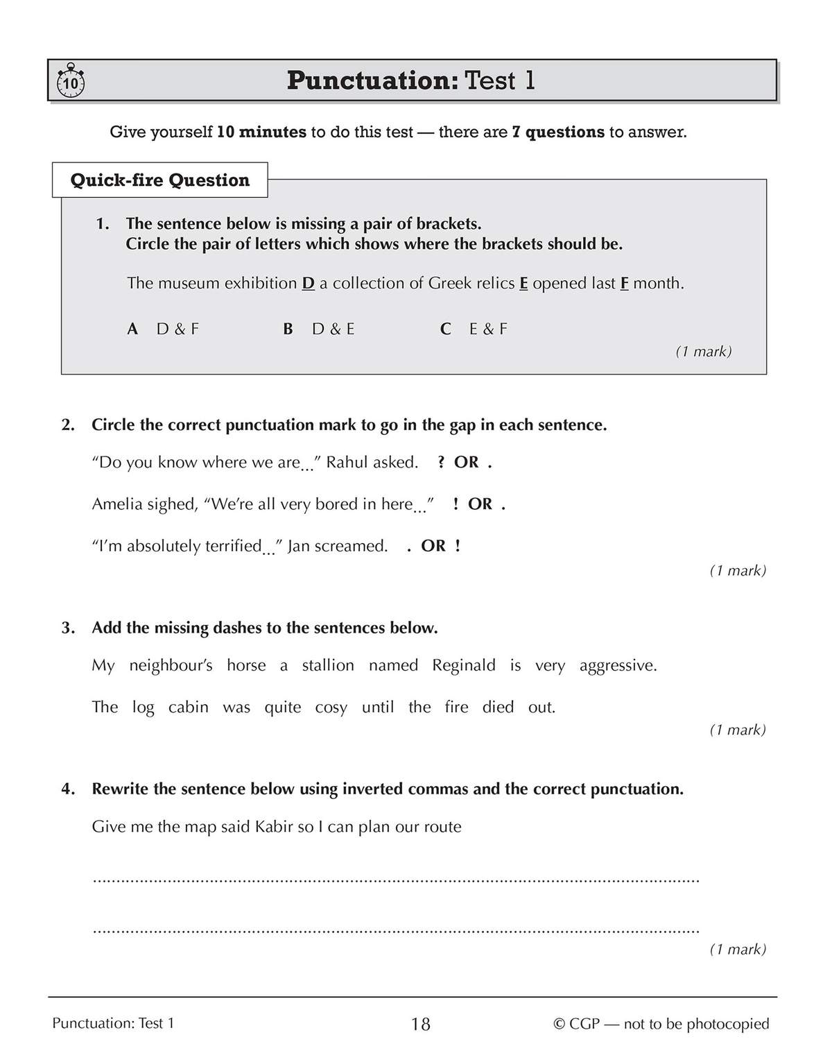 A timed punctuation test with four questions on brackets, question marks, dashes and inverted commas