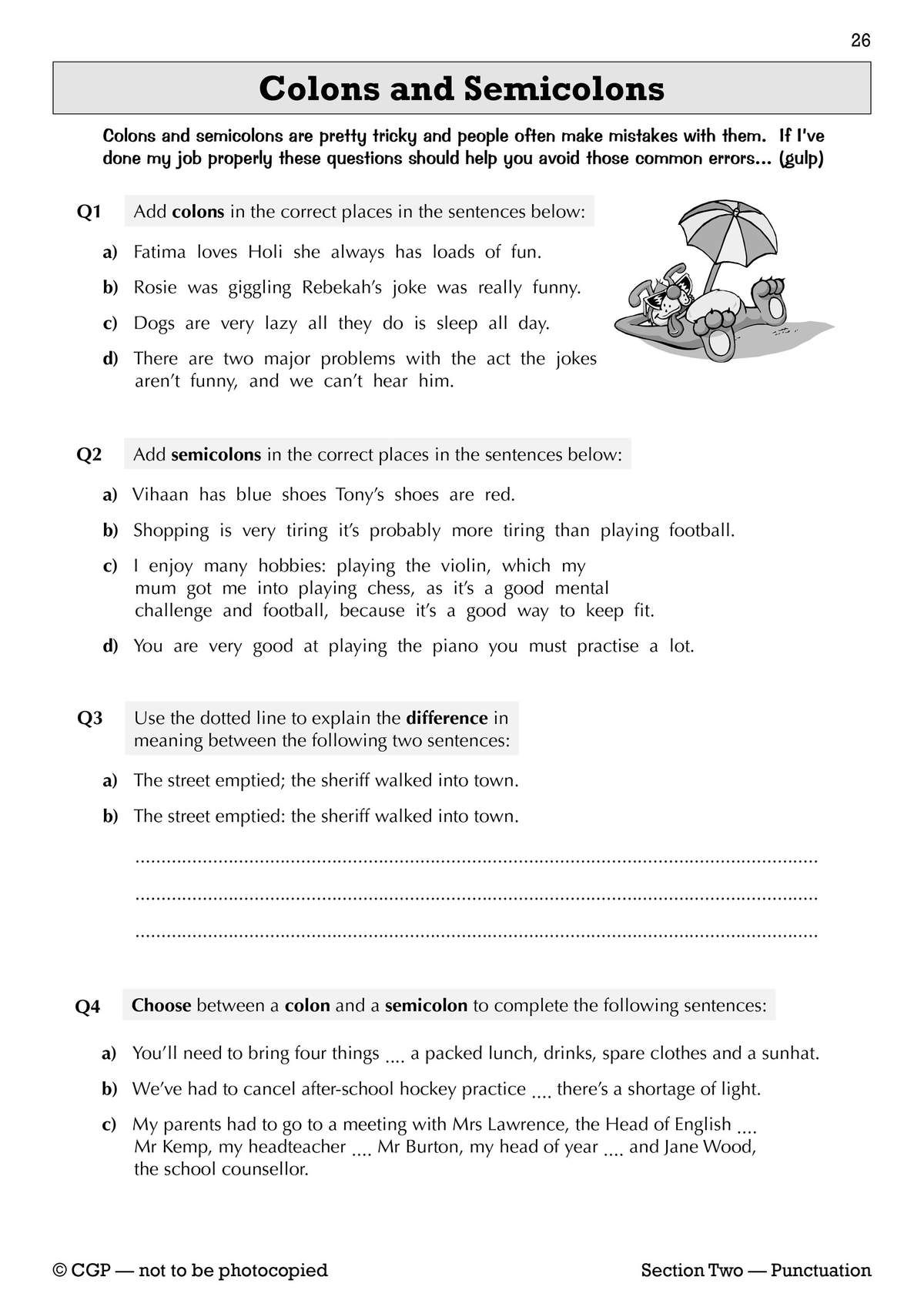 Four exercises on colons and semicolons, including fill-in-the-blanks and short written explanations