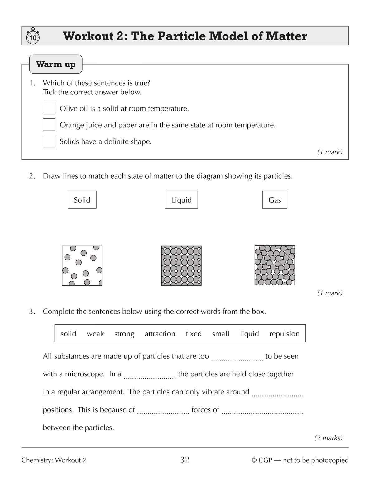 A science exercise on the particle model of matter, including a multiple-choice question, a matching task