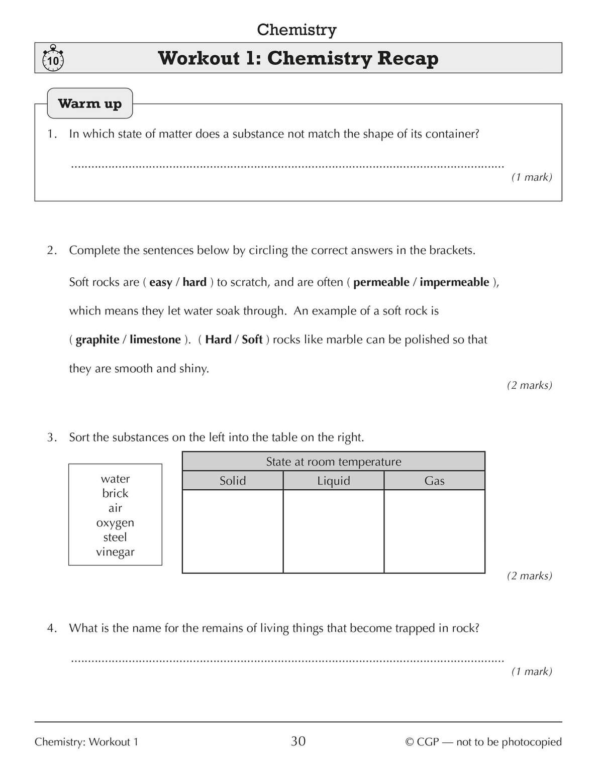 Four short questions on states of matter and rocks, including a sorting table and sentence completion
