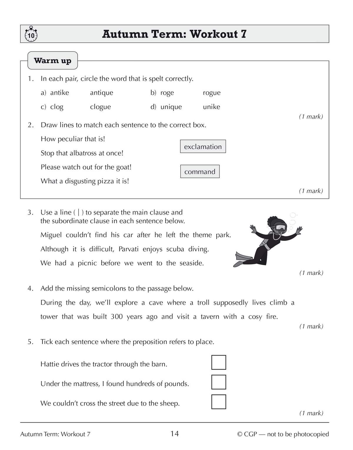 Five grammar exercises on spelling, sentence types, clauses and semicolons, with a cartoon diver illustration
