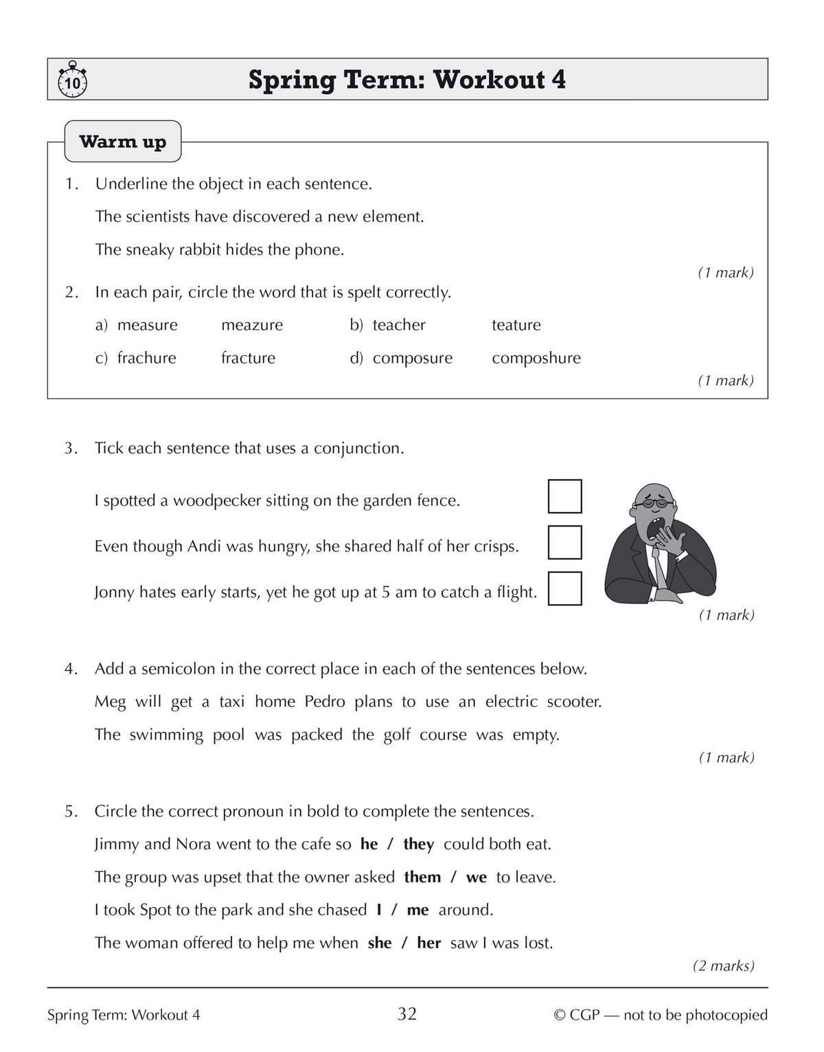 Five grammar exercises on objects, spelling, conjunctions and punctuation, with a cartoon man to tick
