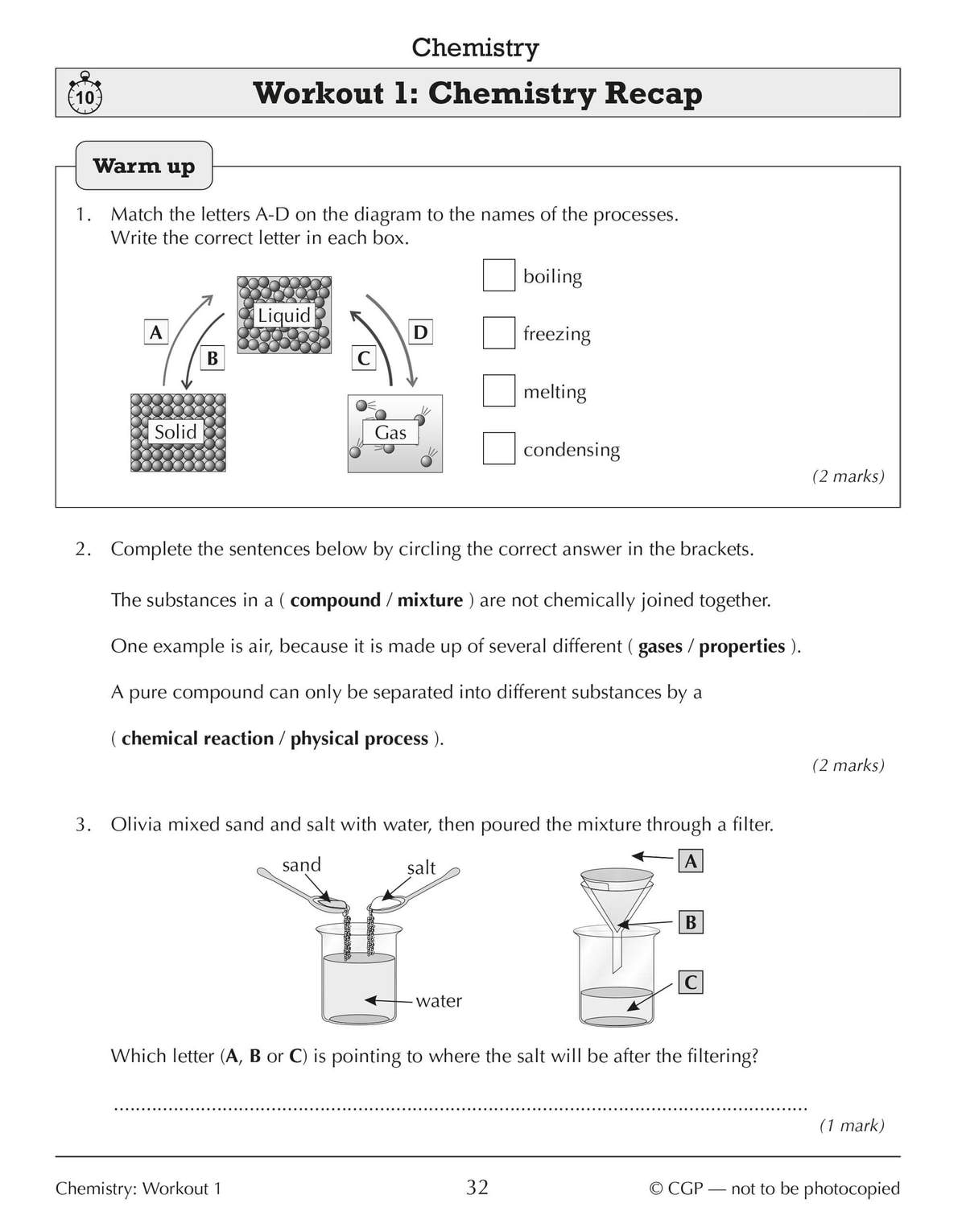 Three chemistry questions on states of matter and mixtures, including matching, circling answers