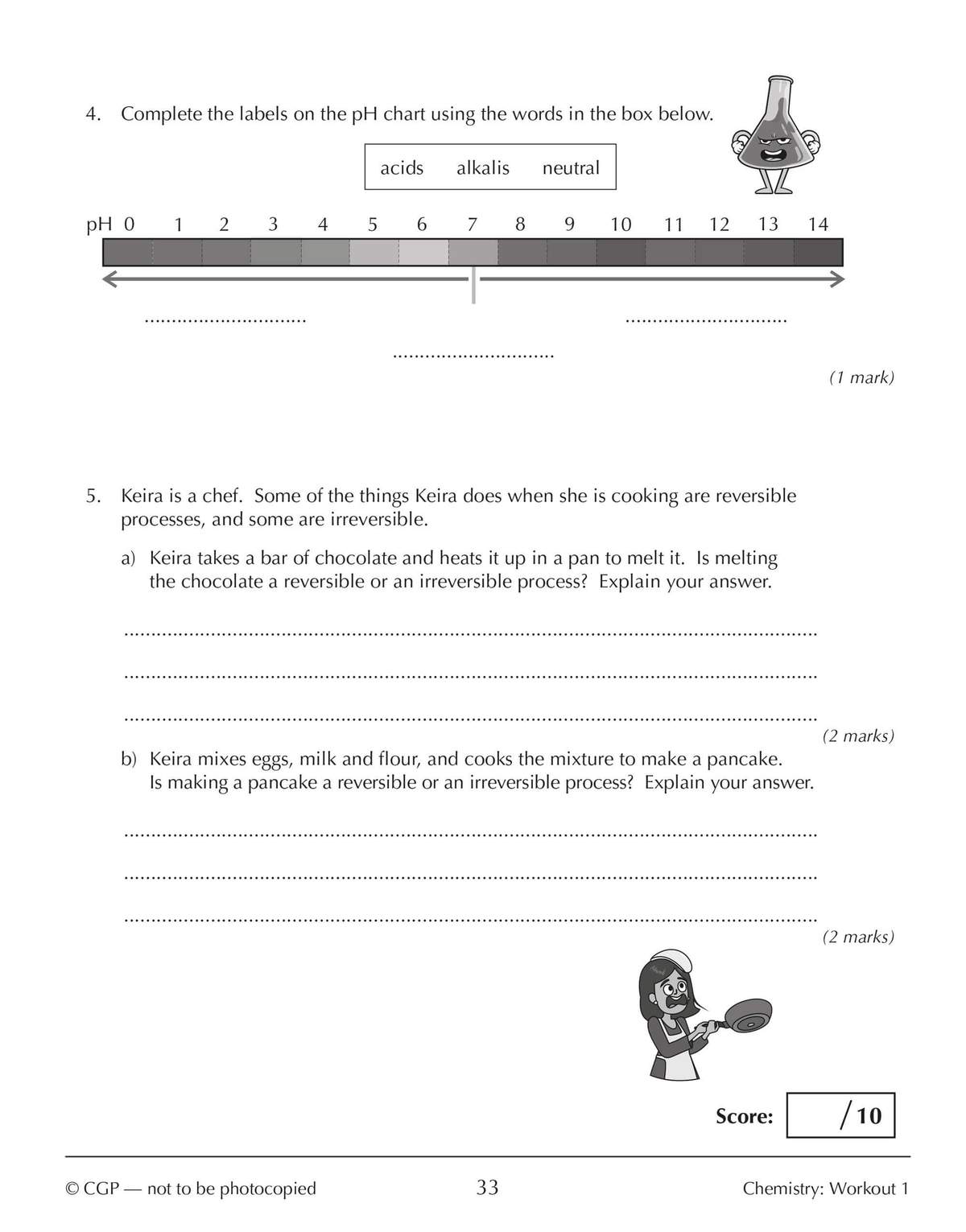 Pupils label a pH chart and explain whether cooking processes are reversible or irreversible