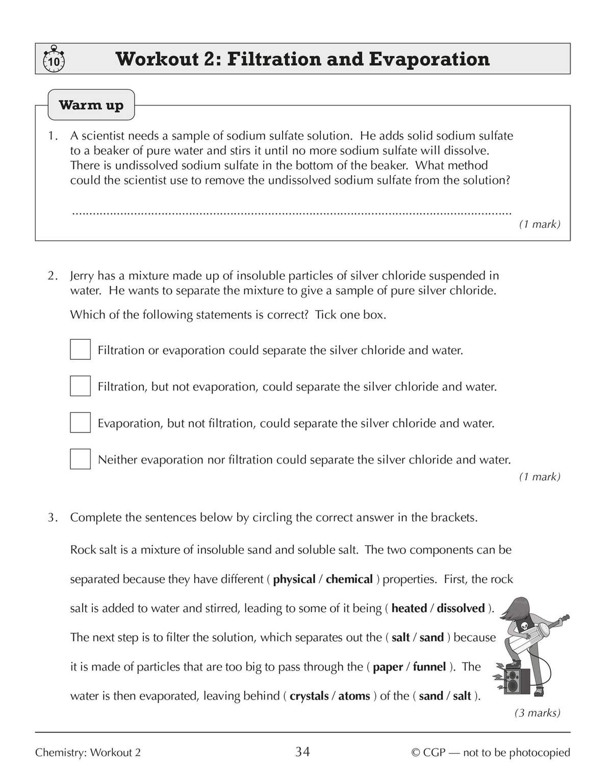 Three science questions on separating mixtures, including a short answer, multiple choice, and a circling exercise
