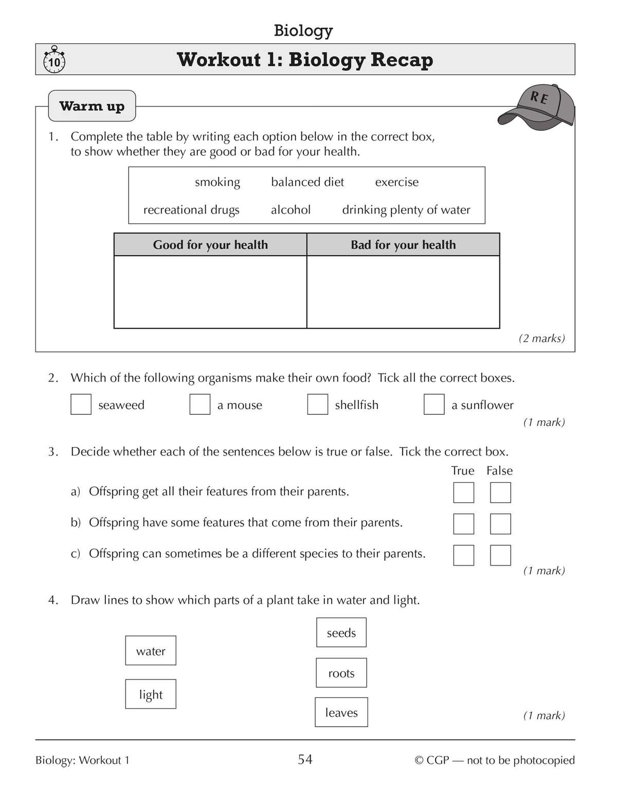 Four biology questions on health and plants, including a table to sort options, tick boxes, true/false statements
