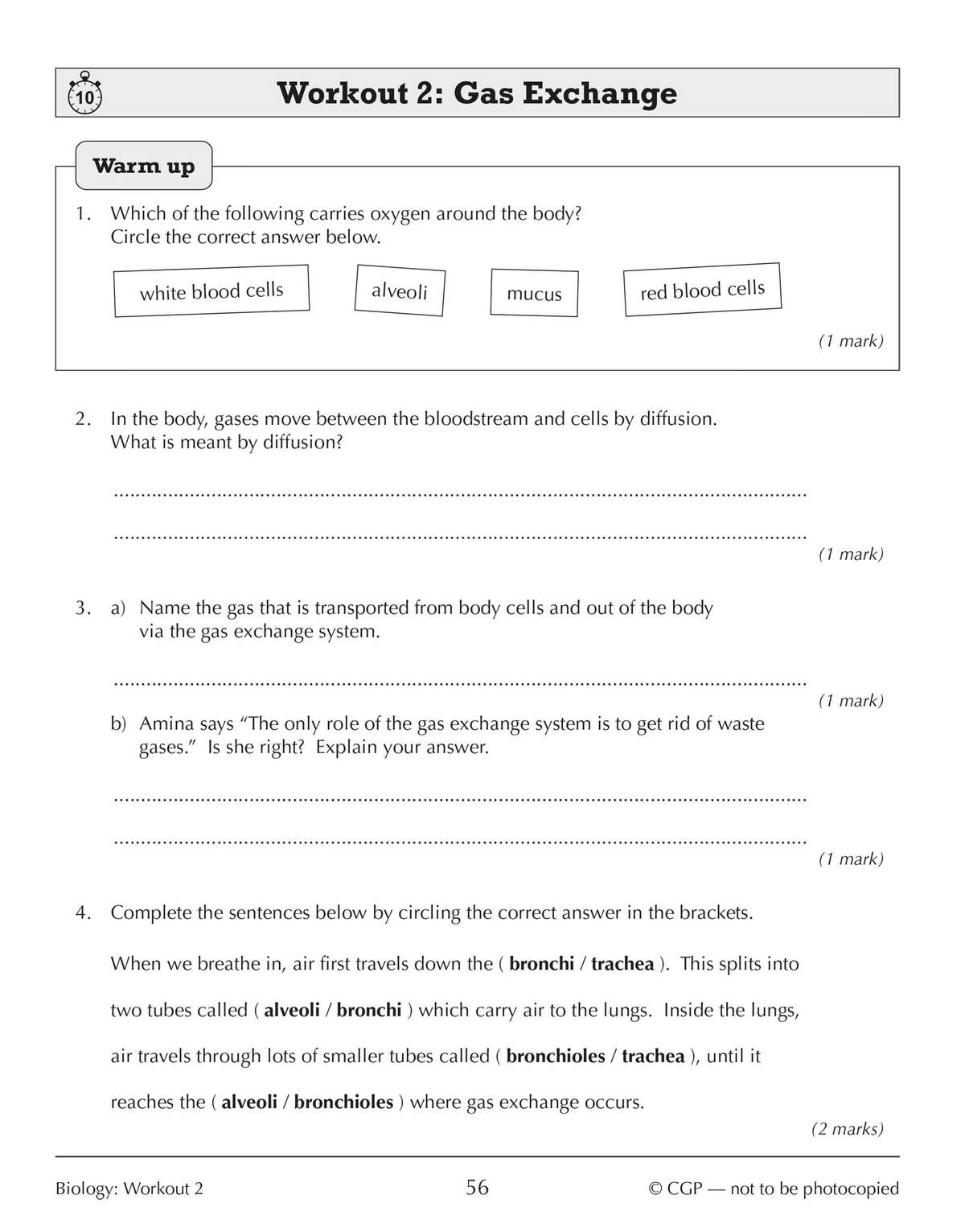 Four questions on gas exchange, including circling answers, explaining diffusion