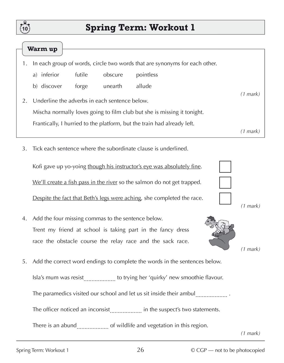 Five grammar and spelling exercises including synonym matching, adverb identification, and sentence completion