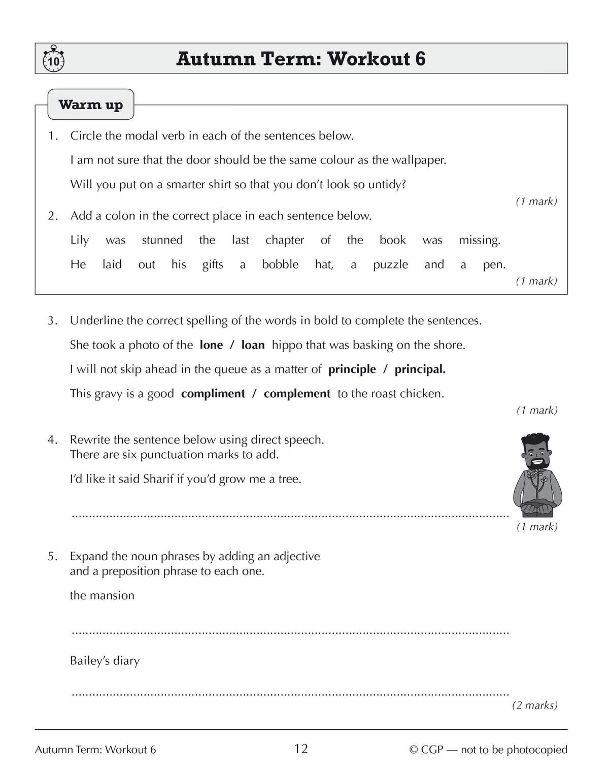 Five grammar and spelling exercises including circling modal verbs, adding colons, choosing correct spellings