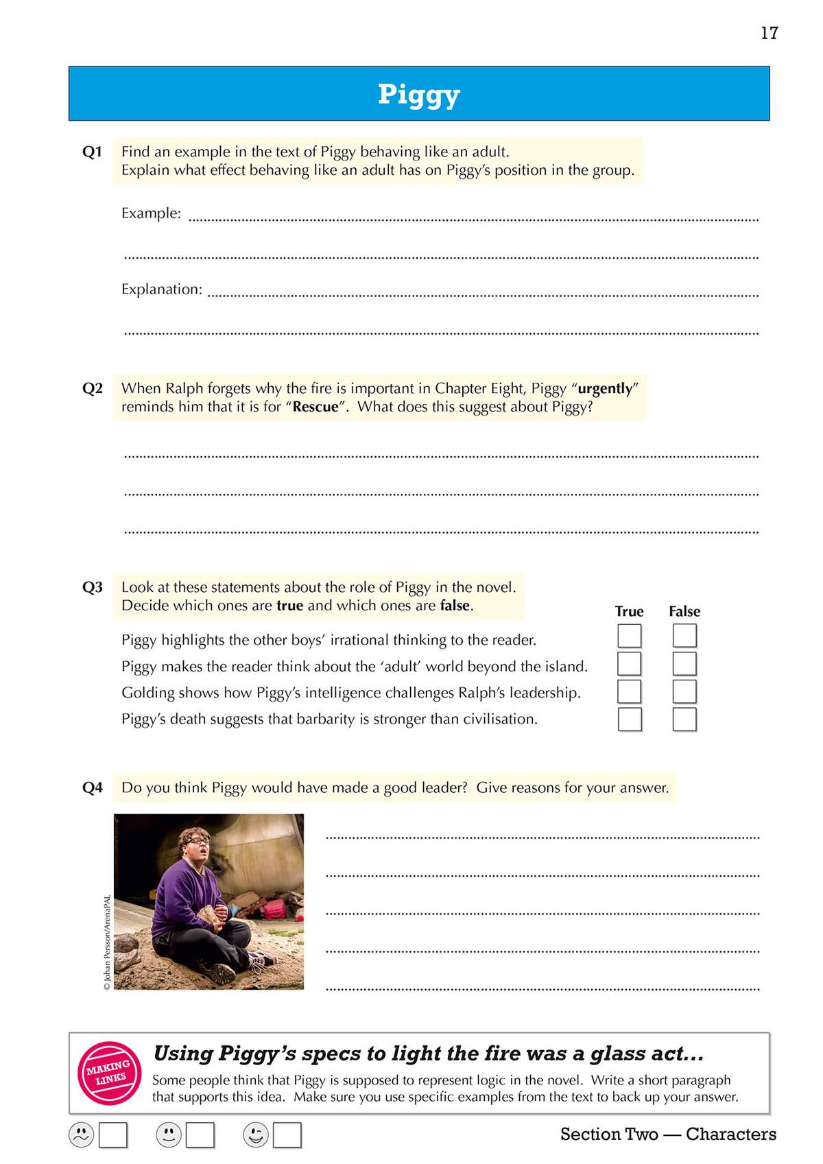 Four questions on Piggy's character, including a true/false section and a short paragraph task, with a photo of the actor