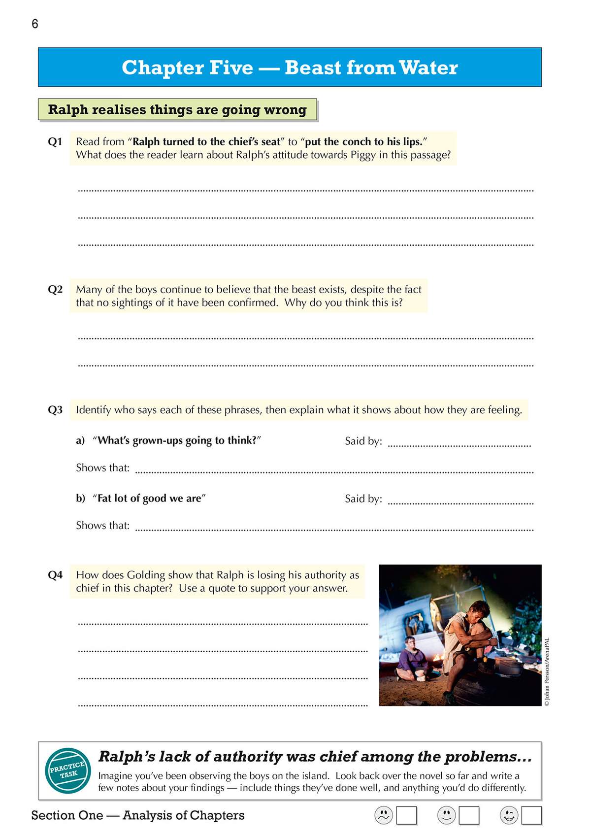 Students answer four questions on Ralph's attitude and authority in Chapter 5