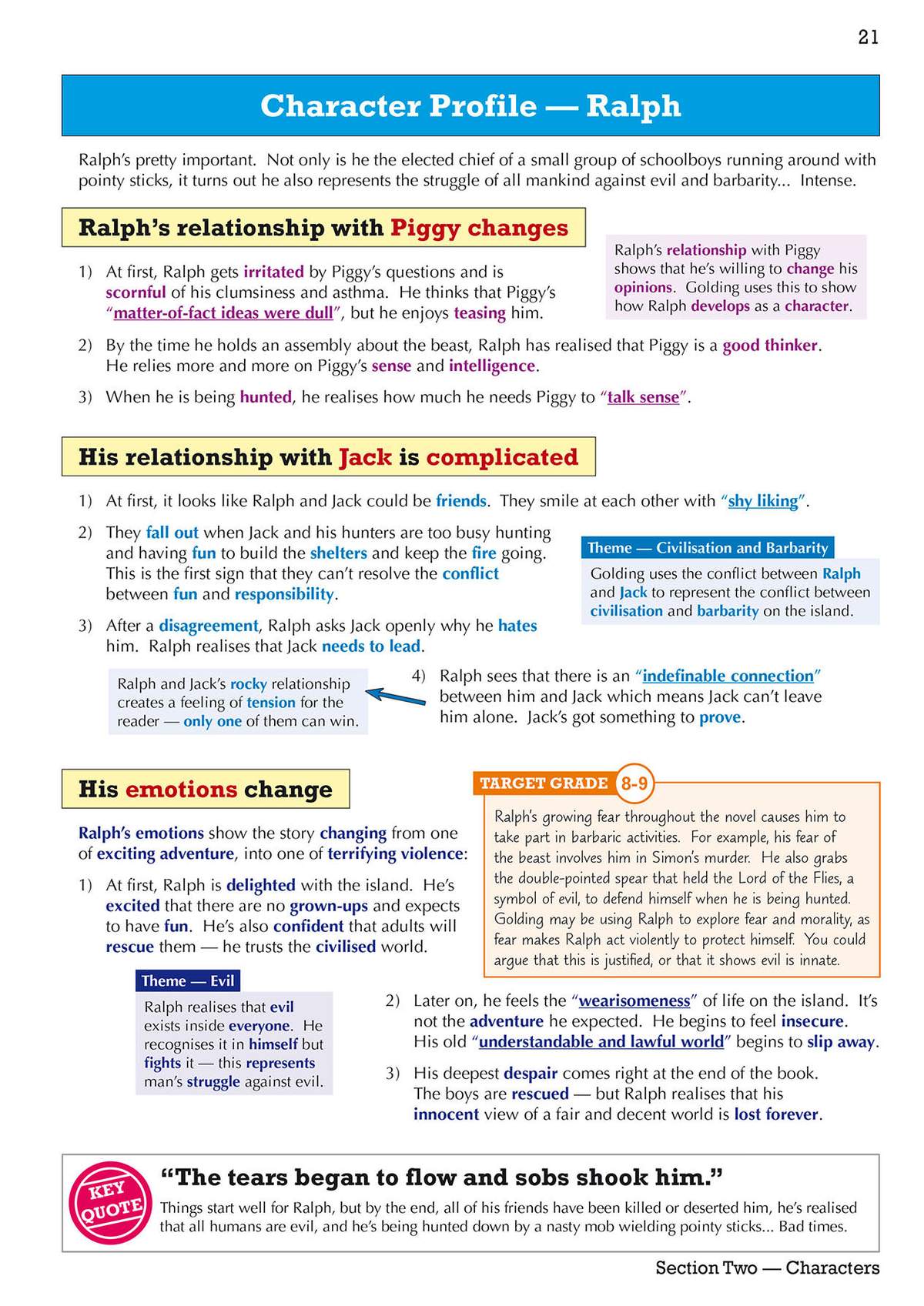 A detailed character profile of Ralph, analysing his relationships with Piggy and Jack, his changing emotions