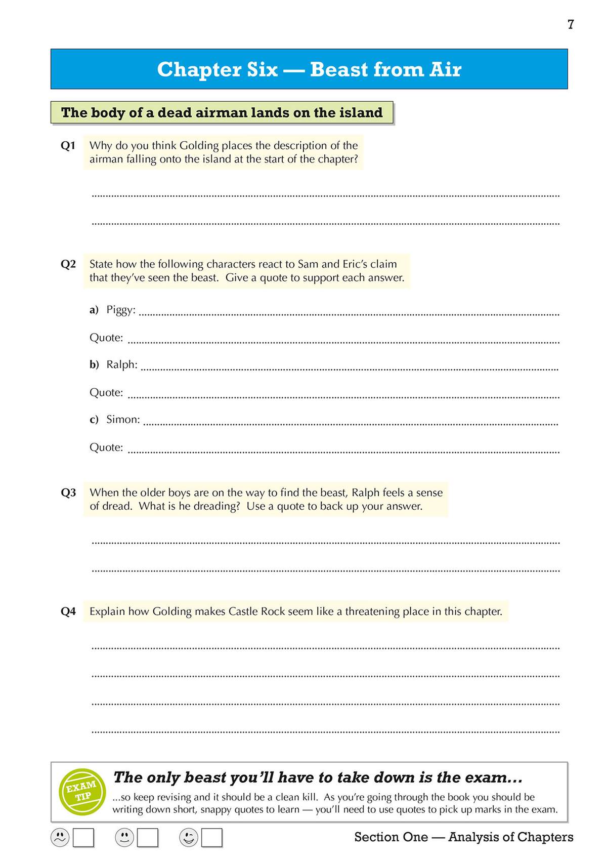 Four questions on Chapter 6 of Lord of the Flies, requiring short written answers and quotes to support analysis of themes
