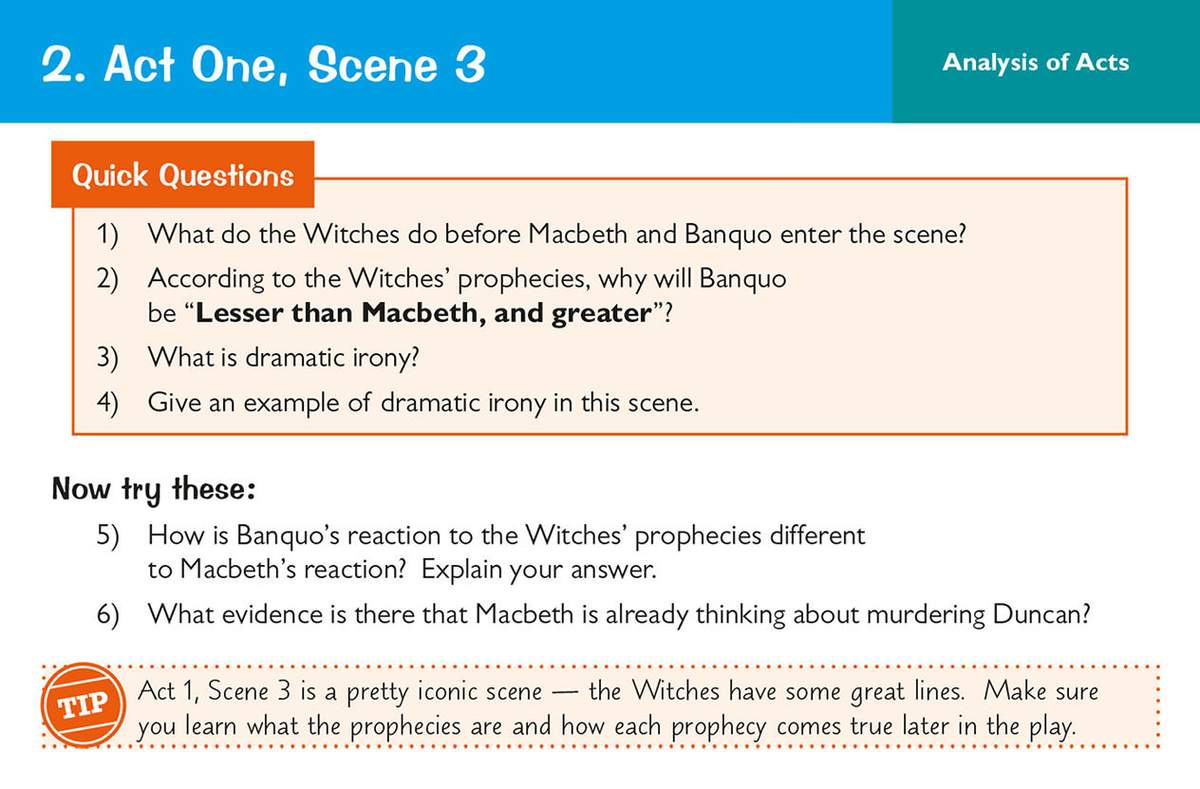 Six questions on Act One, Scene 3 of Macbeth, asking students to identify dramatic irony and compare character reactions