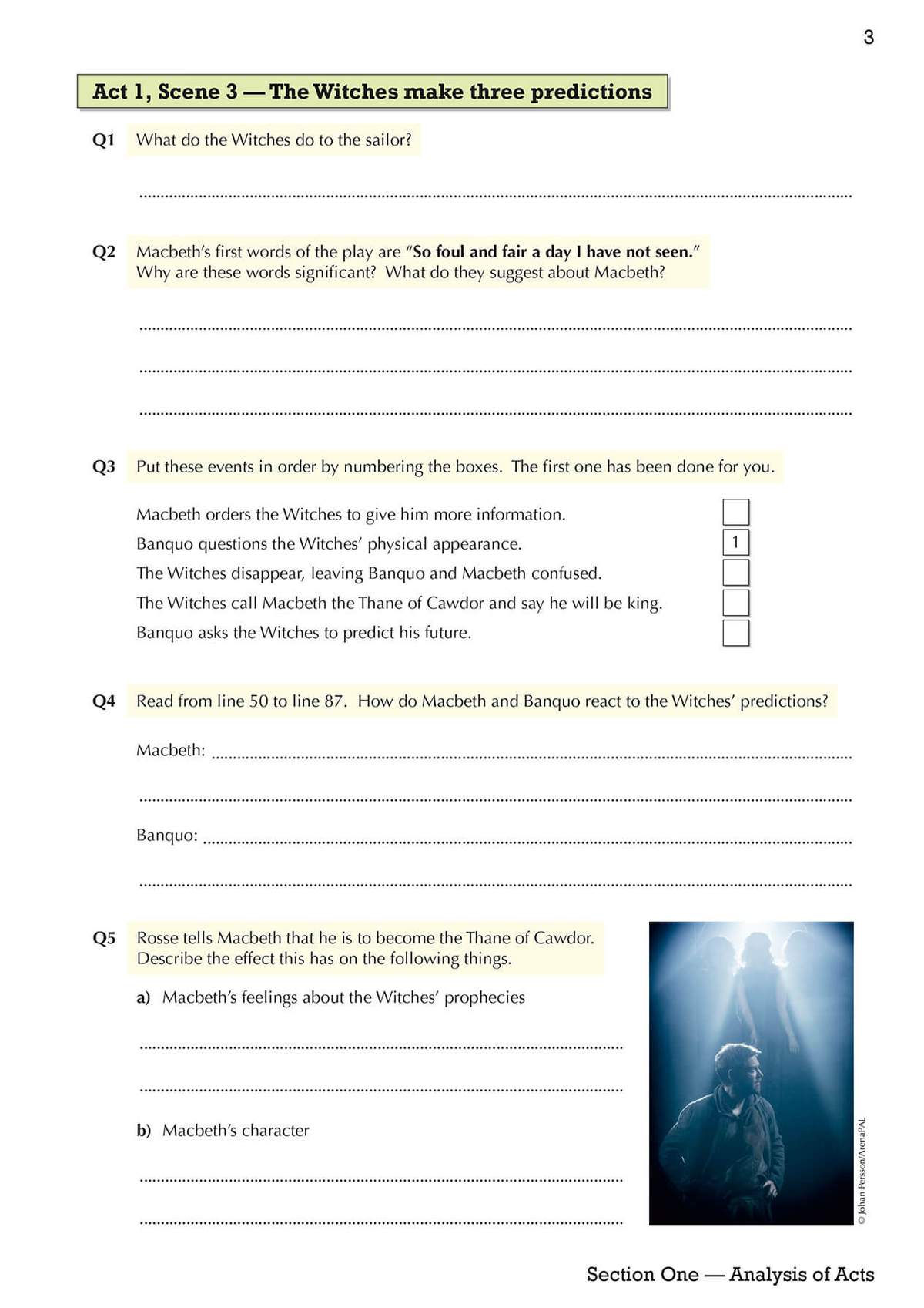 Students answer five questions about Macbeth Act 1 Scene 3, including ordering events and writing about character reactions