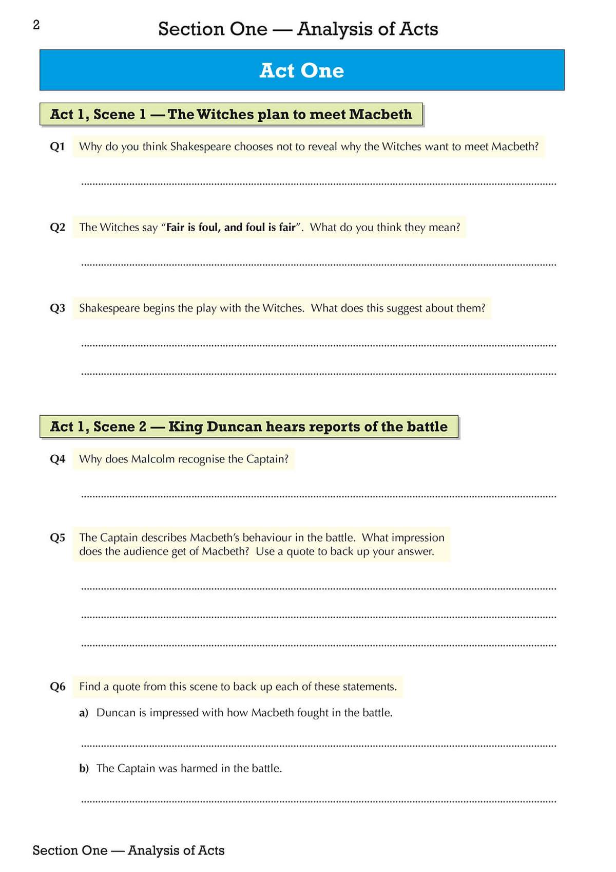Six questions on Act 1 of Macbeth, asking pupils to explain character motives