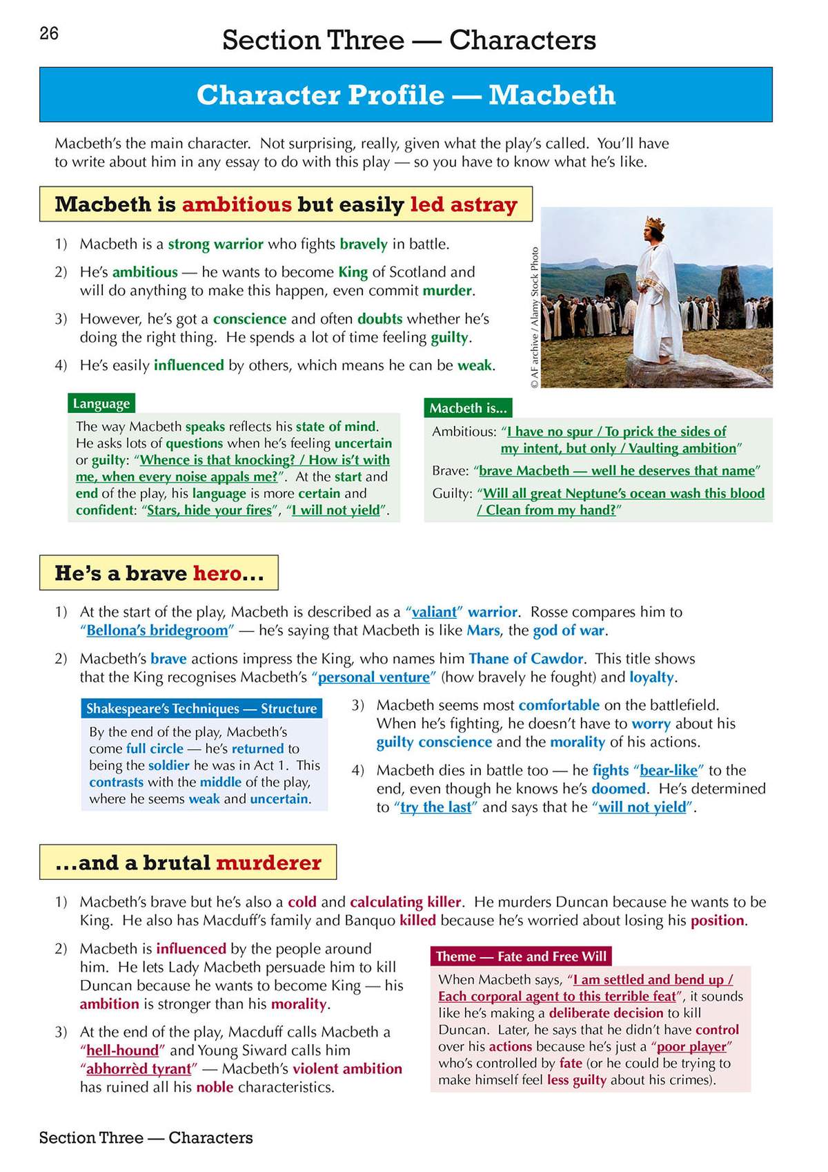 A detailed breakdown of Macbeth's character traits, supported by quotes and a relevant photograph