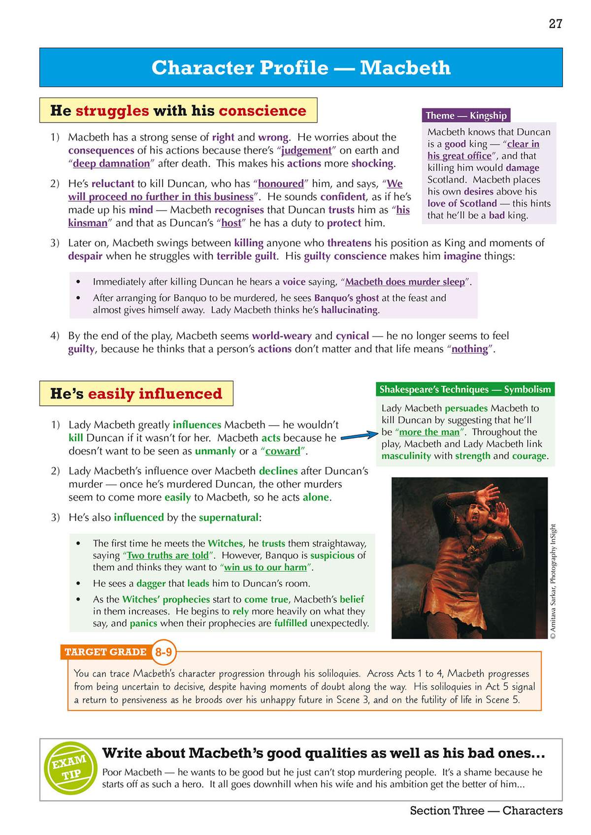 A detailed breakdown of Macbeth's conscience and influences, supported by a theatre photo and exam tips