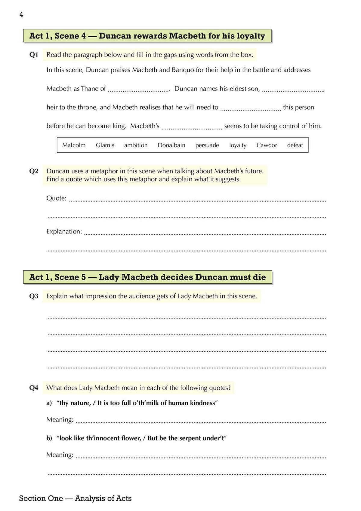 Students fill gaps in a text about Duncan praising Macbeth, then explain metaphors and character impressions from Act 1