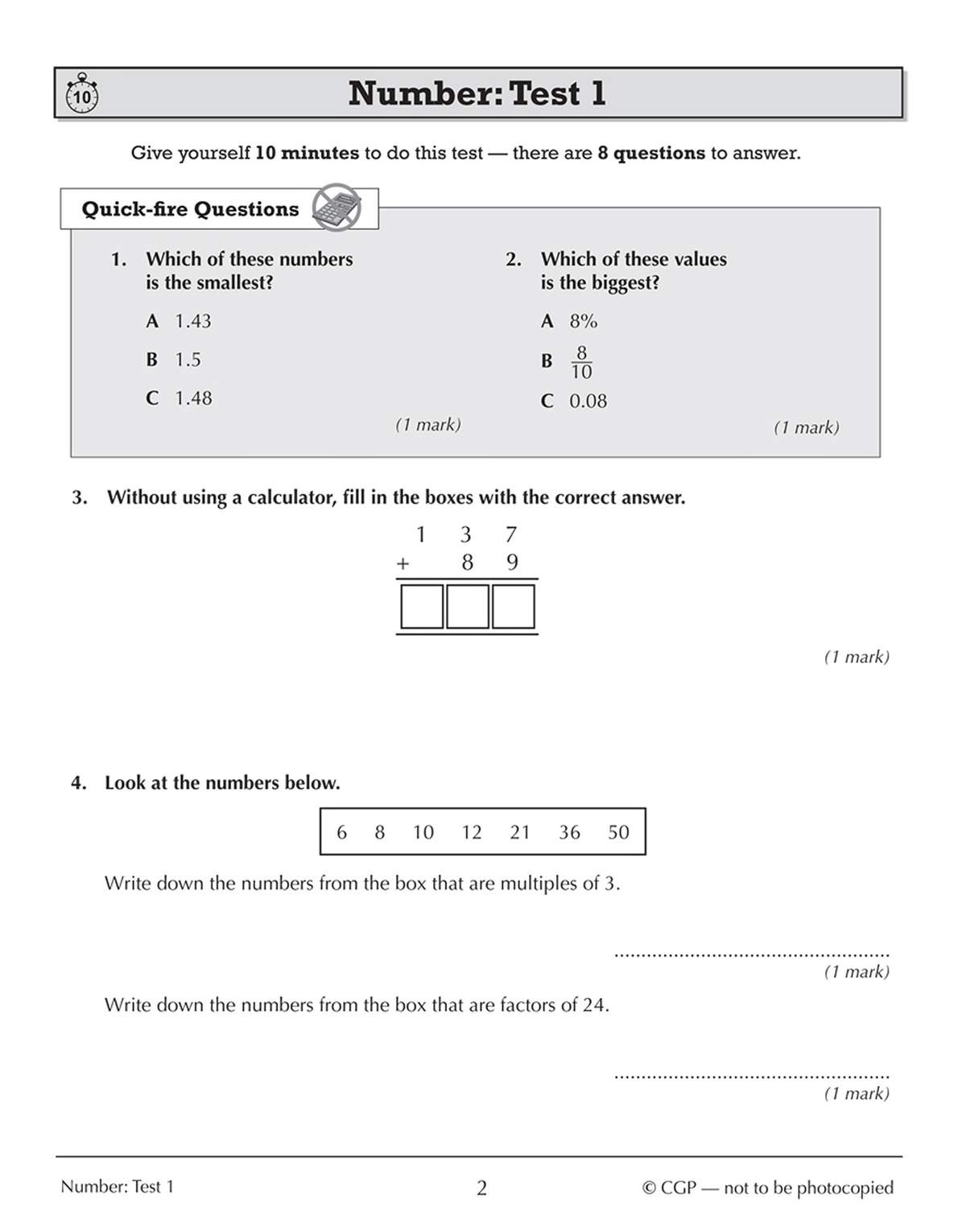 A timed test on number skills, including multiple choice, column addition, and identifying multiples and factors
