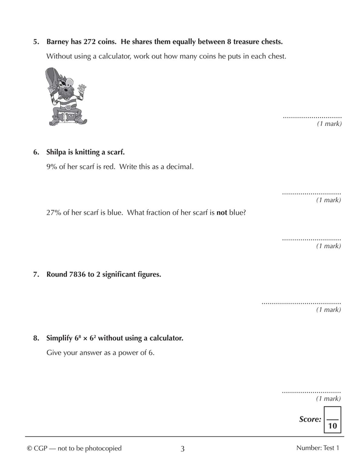 Four short maths questions on division, percentages, rounding and indices, with a pirate cartoon for question five
