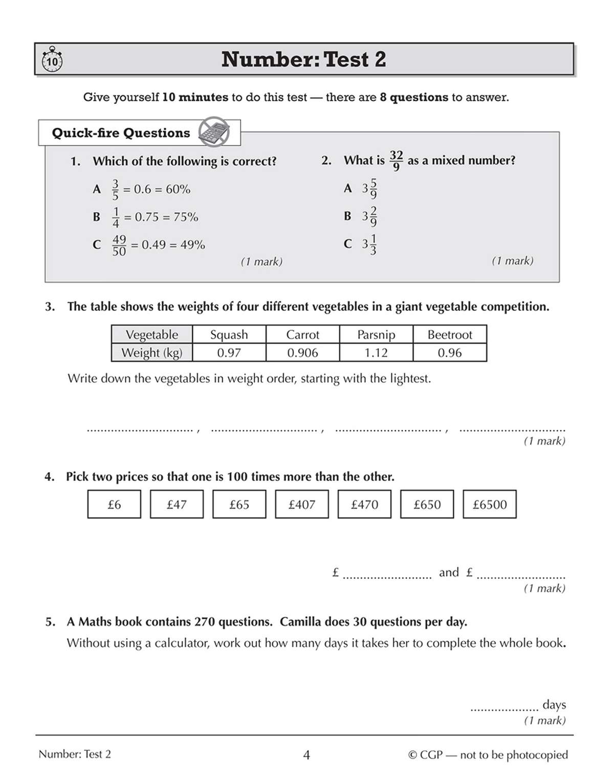 A 10-minute test with eight questions on fractions, decimals and ordering, including a table of vegetable weights to order