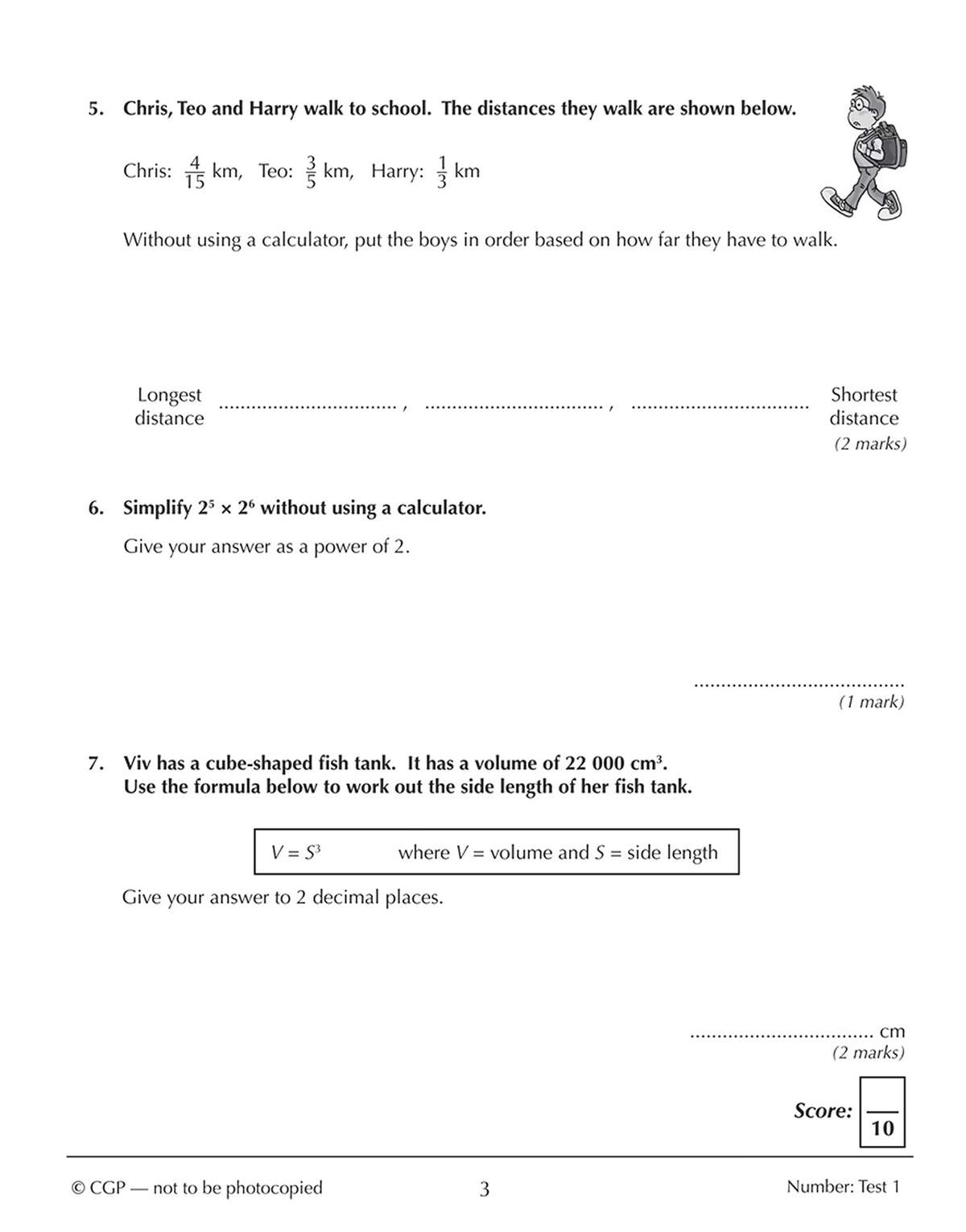 Three maths questions on ordering fractions, simplifying powers and calculating cube roots, with a cartoon boy illustration