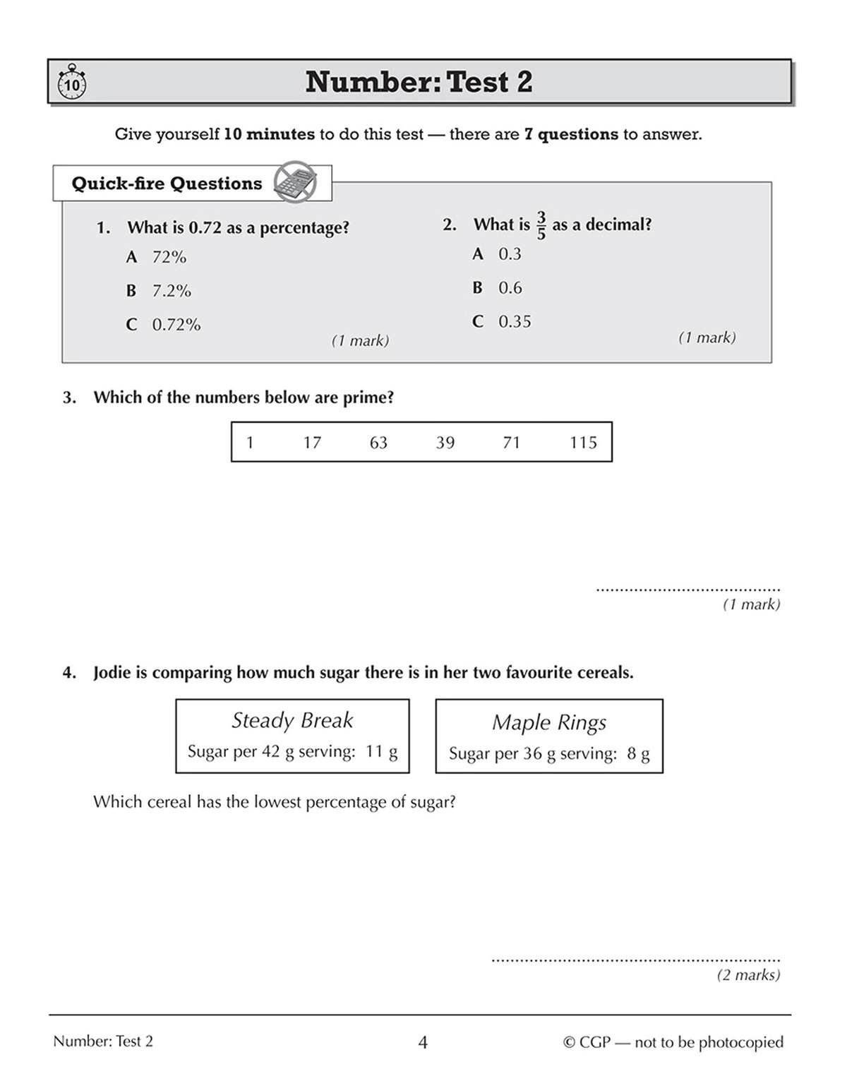 A timed test with seven questions on percentages, decimals, prime numbers and comparing sugar content in cereals