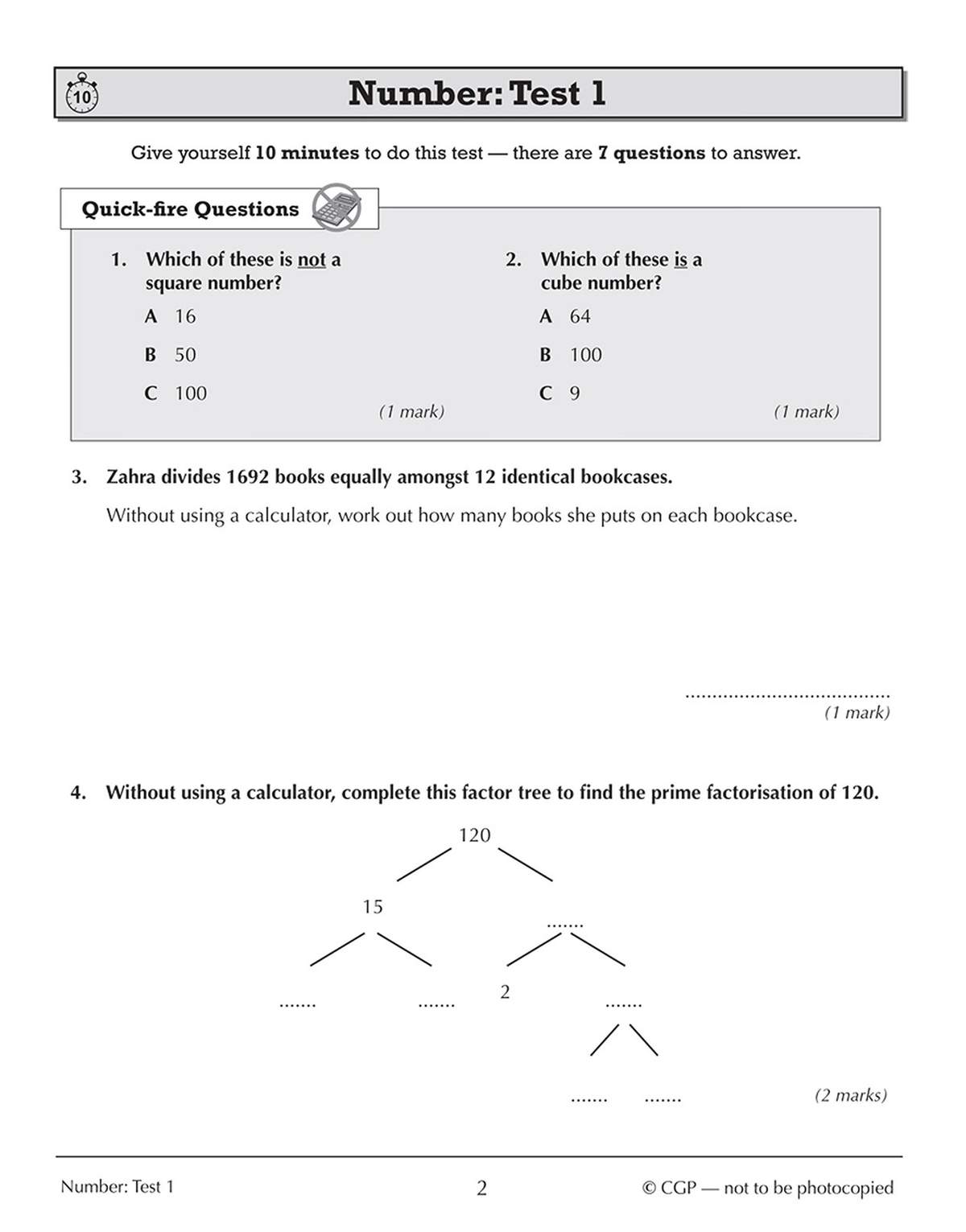 A timed test on number properties, including multiple choice, division, and a factor tree to find prime factors