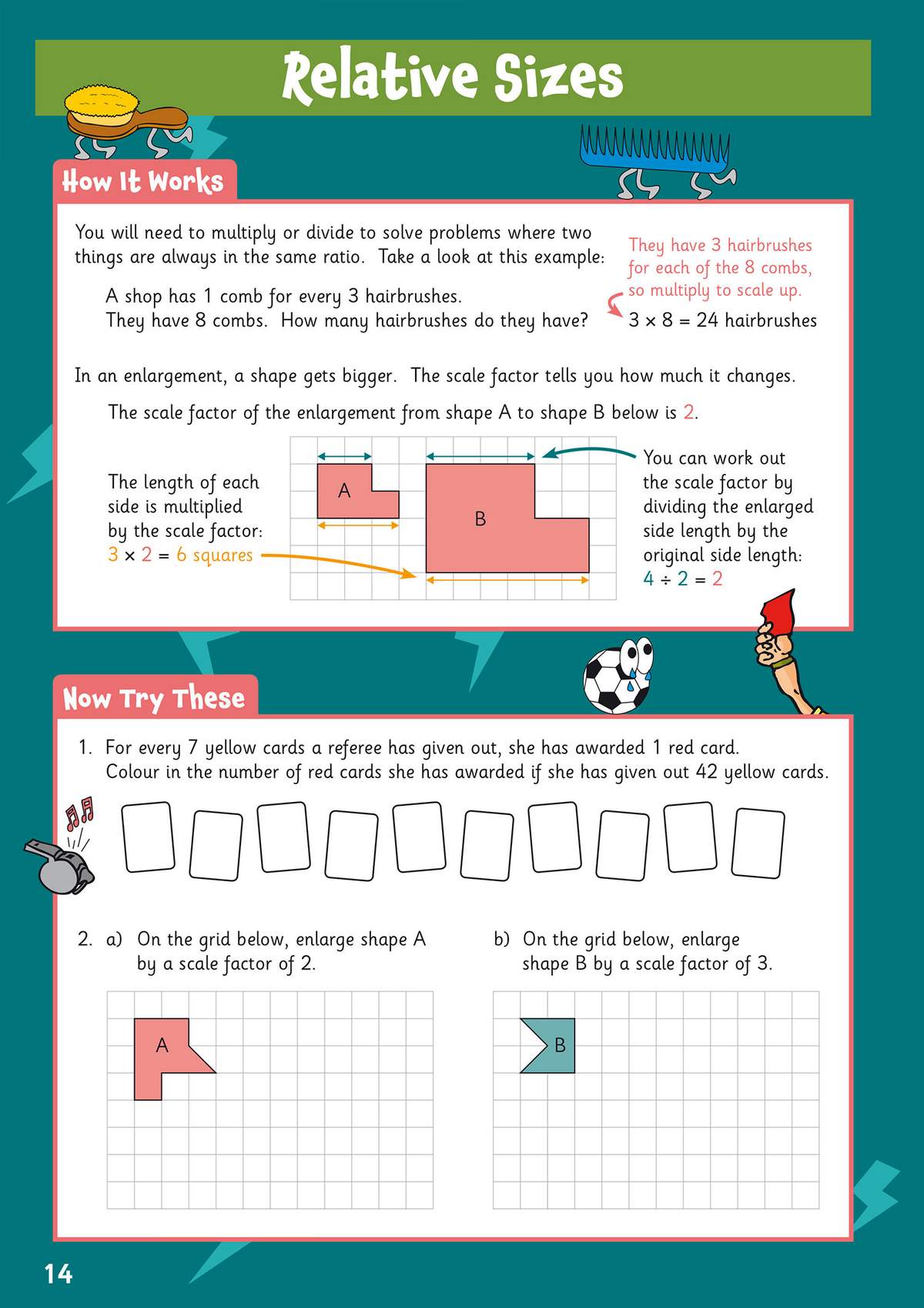 Children solve ratio problems and enlarge shapes on grids, using scale factors to find missing lengths and draw new shapes