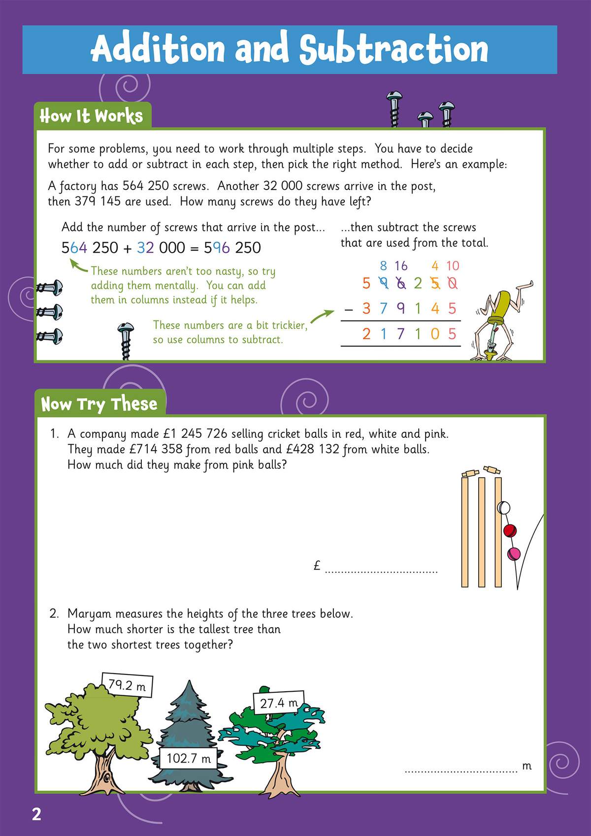 A page teaching multi-step addition and subtraction with a worked example, followed by two practice questions involving