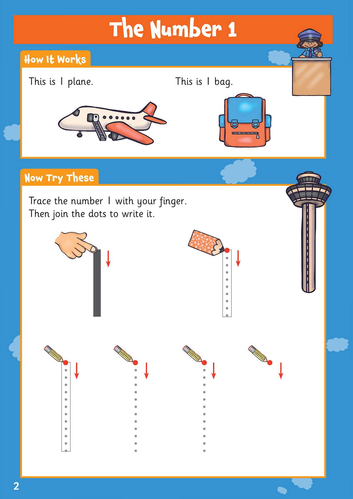 Children trace the number 1 with their finger, then join the dots to write it, supported by pictures of a plane and a bag