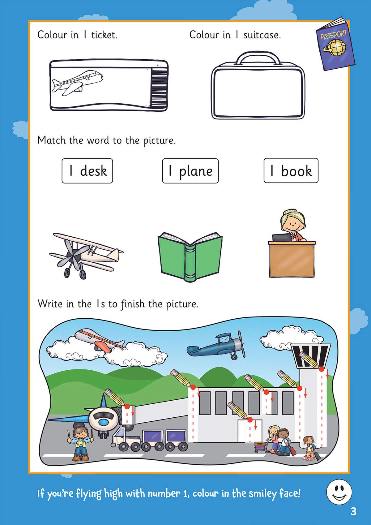 Children colour one ticket and suitcase, match words to pictures, and write the number one to complete an airport scene