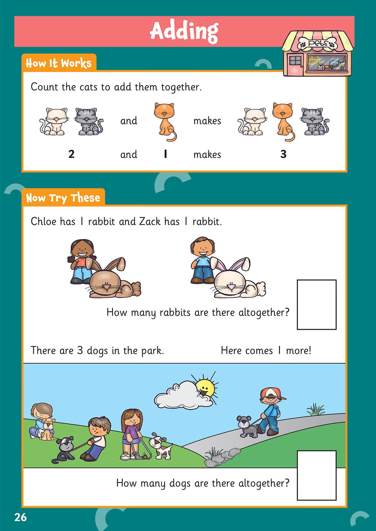 Children count cats, rabbits and dogs to add simple numbers, writing the total in a box