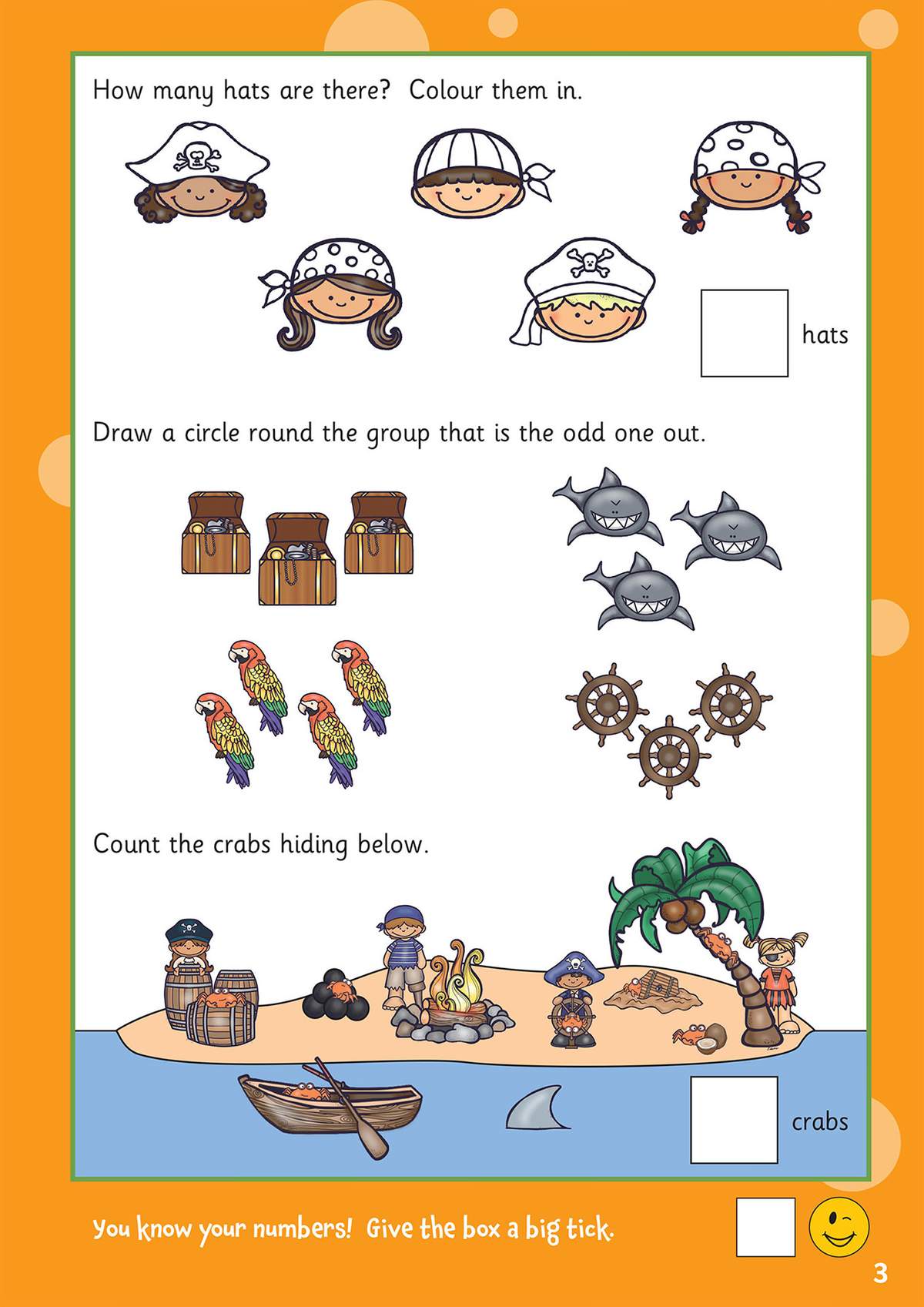 Children colour pirate hats, circle the odd group of items, and count crabs on a pirate island scene