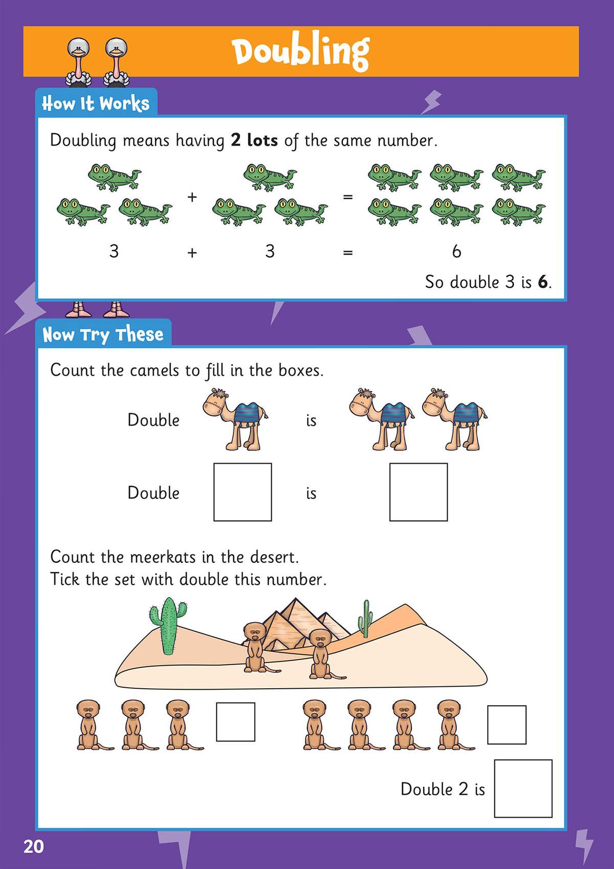 Children count camels and meerkats to fill in boxes and tick the correct set for doubling practice