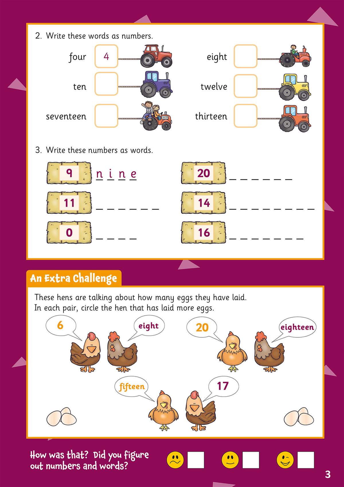 Children write numbers and words, then circle the hen with more eggs in a fun challenge