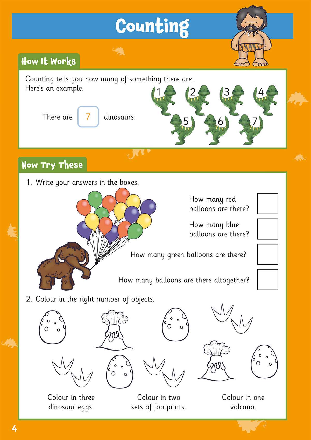 Children count coloured balloons and colour specific numbers of dinosaur eggs, footprints and volcanoes to practise counting